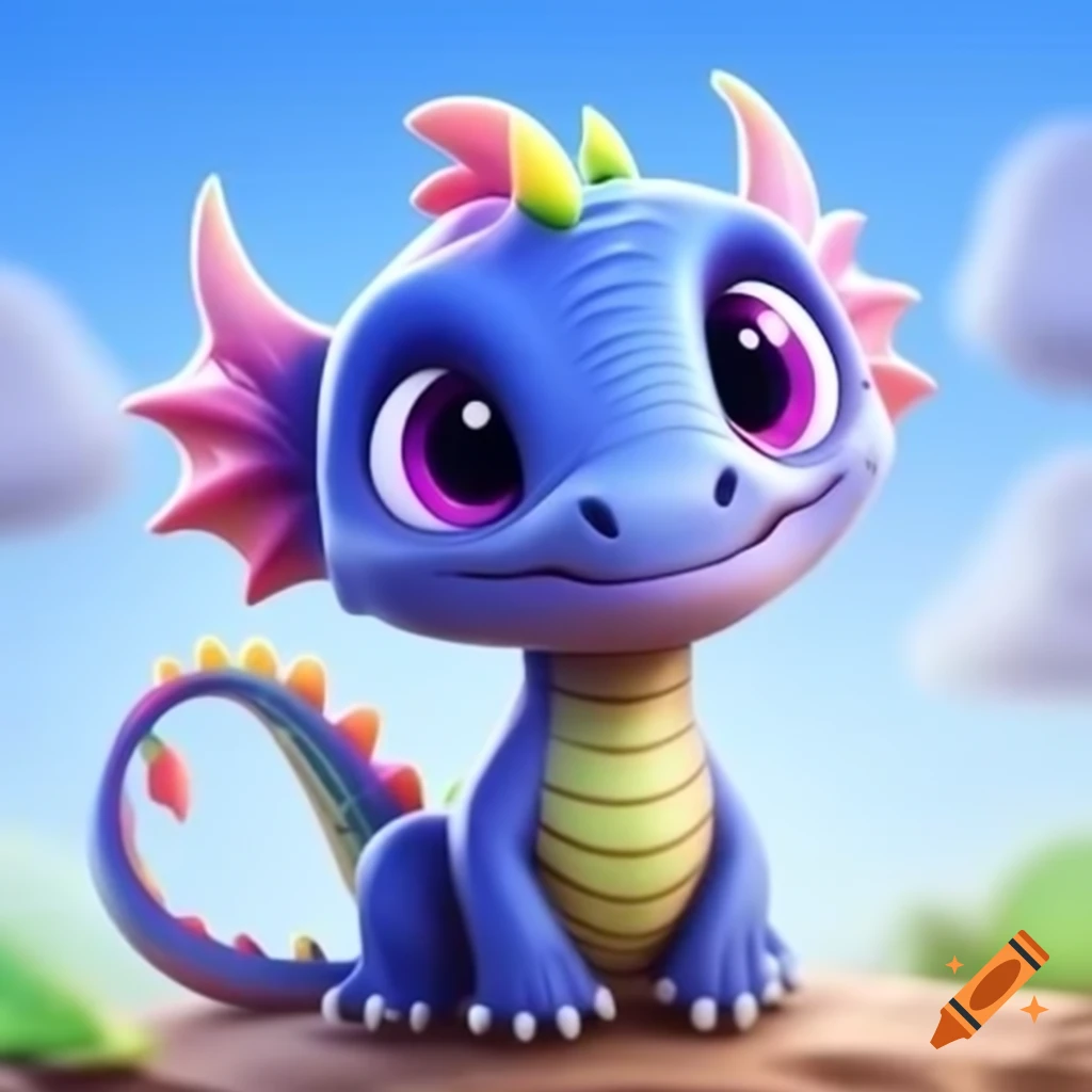 Adorable baby rainbow colored dragon with vivid rainbow in the sky