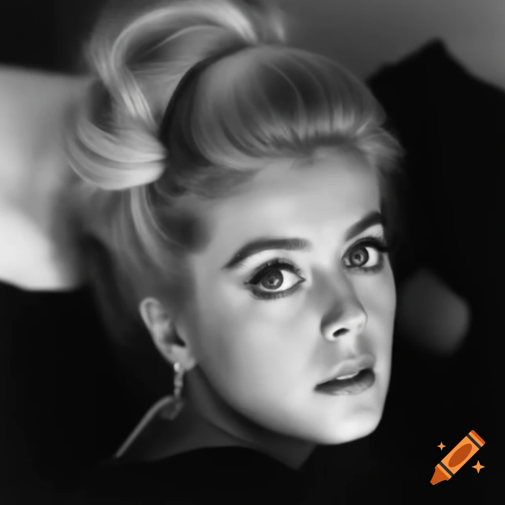 Candid shot of a beautiful European actress from 1963 with porcelain skin and blue eyes