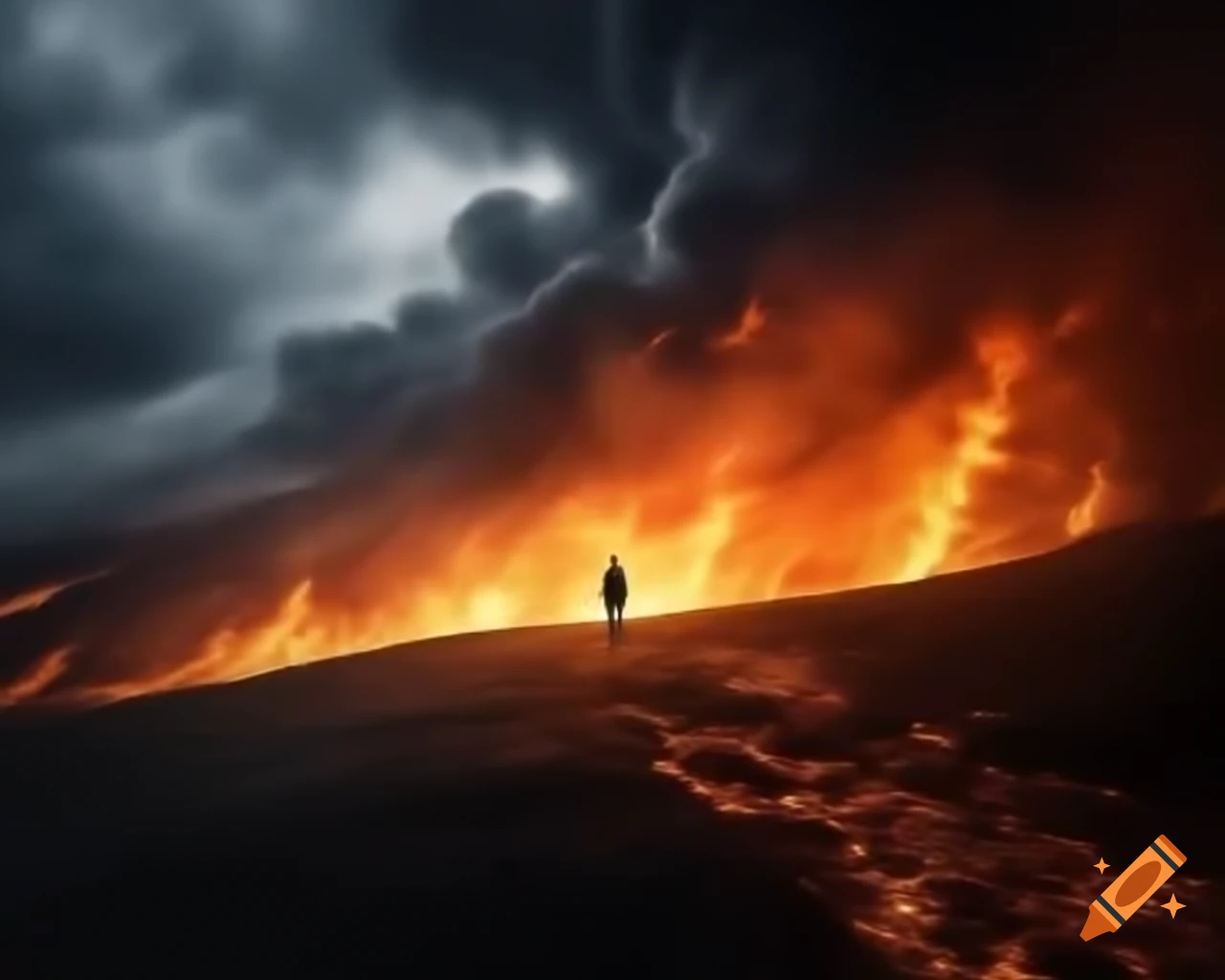 Person on cliff overlooking burning forest, dramatic scene