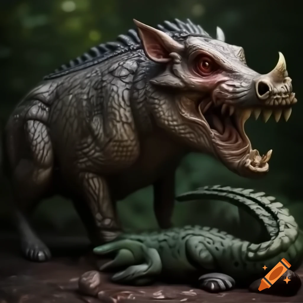 Hyper realistic hybrid creature of wild boar and crocodile
