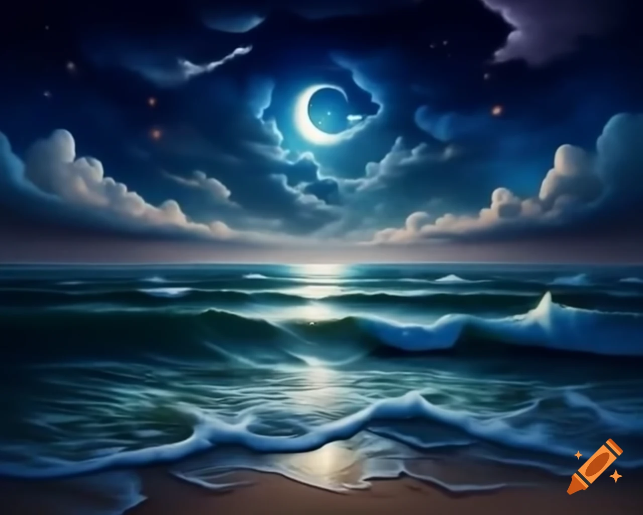Ocean beach under night sky with auroras and crescent moon, Japanese lanterns floating