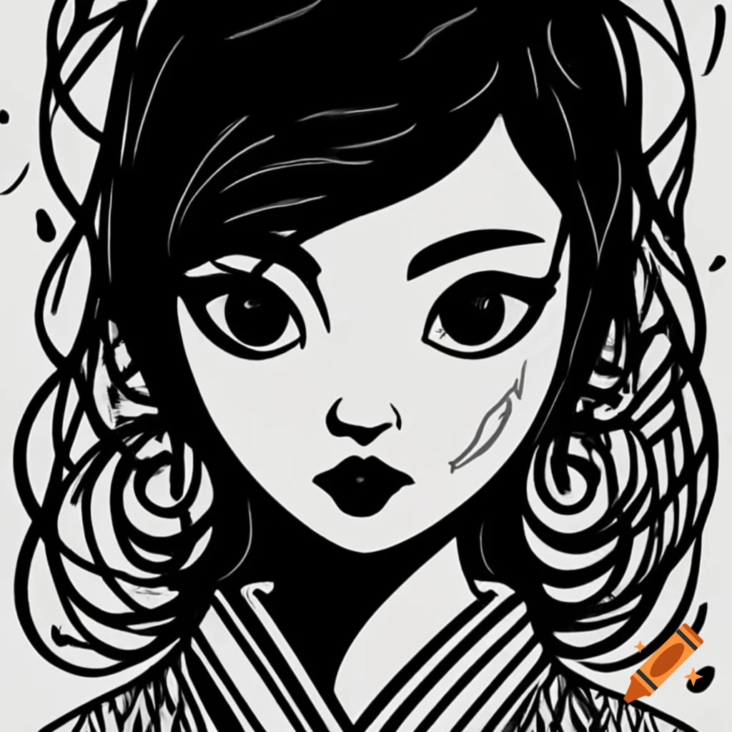 Minimalist black line art of a girl in a Japanese kimono