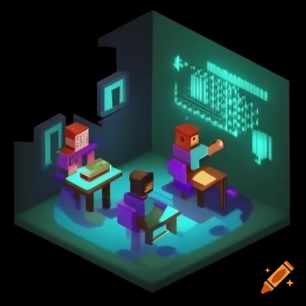 Students learning about Artificial Intelligence with a teacher in Minecraft-style