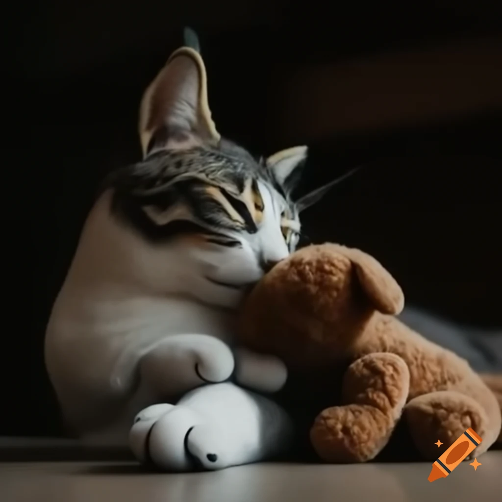 Cat affectionately interacting with teddy dog