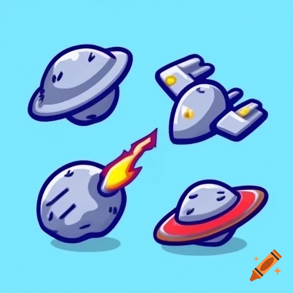 Cartoon-style starship battling asteroids in space