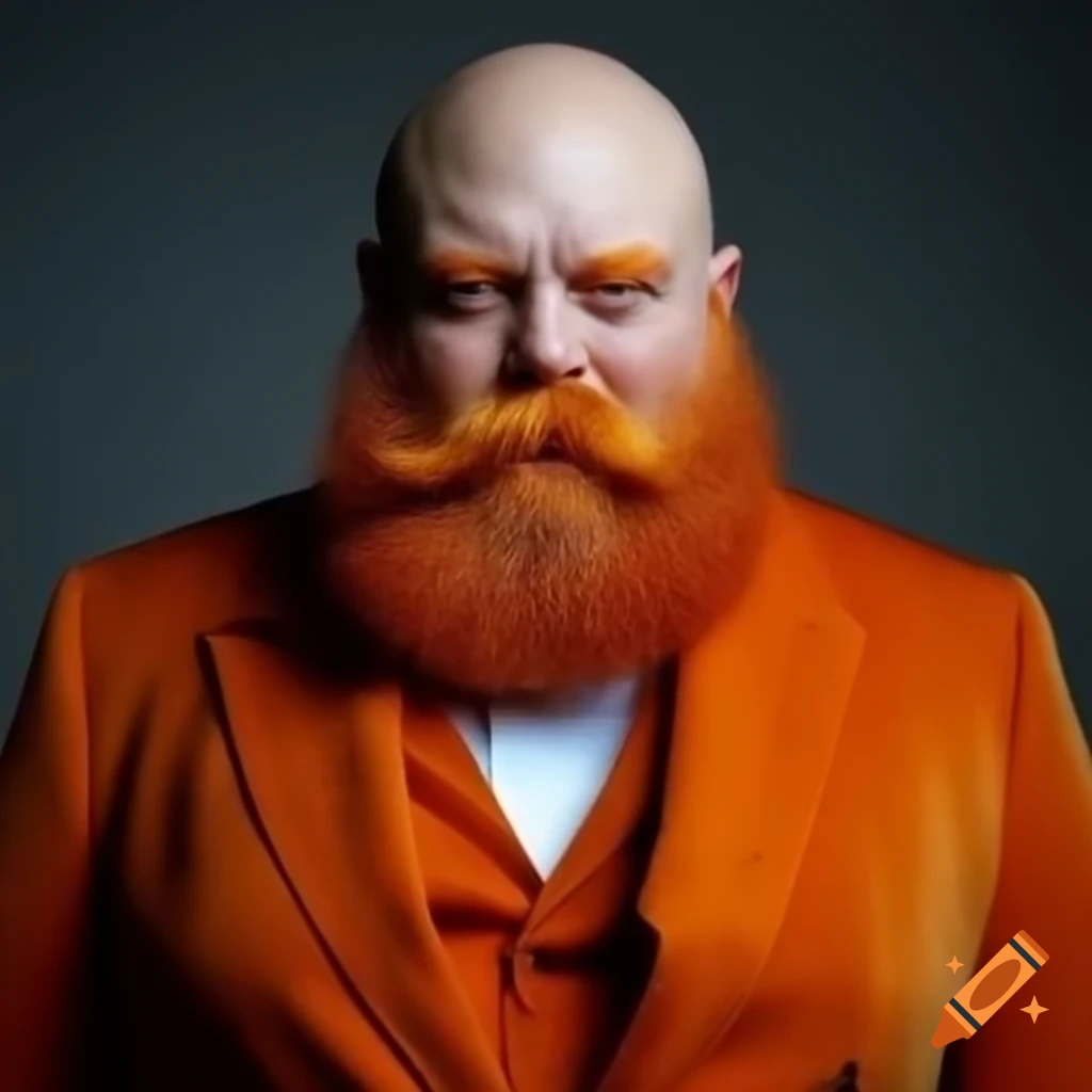 Plump bald man with orange beard in elegant orange suit