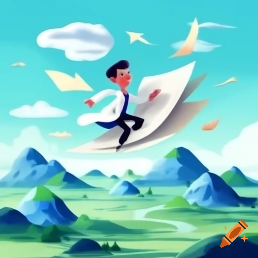 Scientist flying on a sheet of paper over mountains