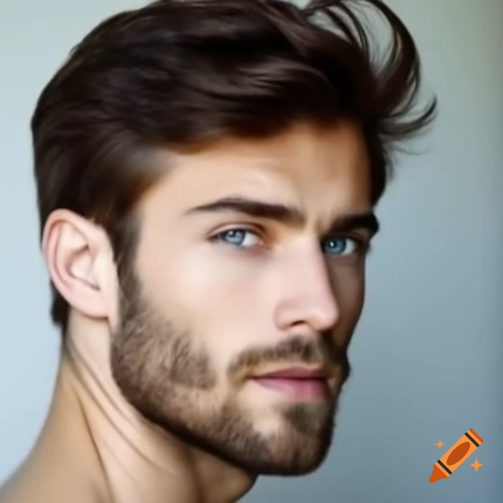 Profile headshot of a handsome 21-year-old French man with brown beard and light blue eyes