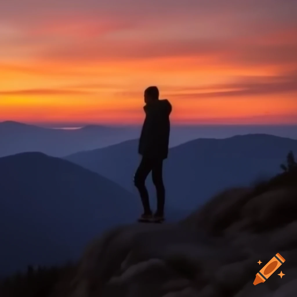 Person on mountain peak during sunset