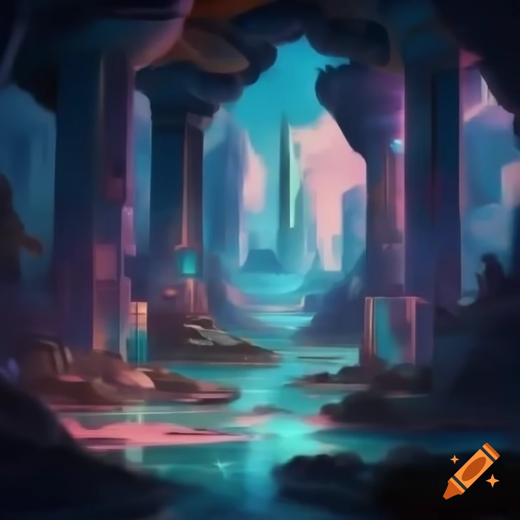 Surreal dreamscape of Atlantis blending futuristic and ancient themes