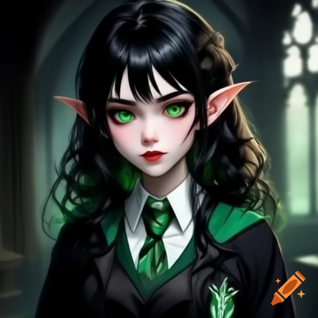 Vampire girl with black hair and green eyes in Slytherin uniform and elf ears
