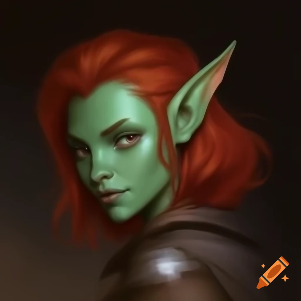 Green-skinned female elf with red hair and steampunk engineer attire