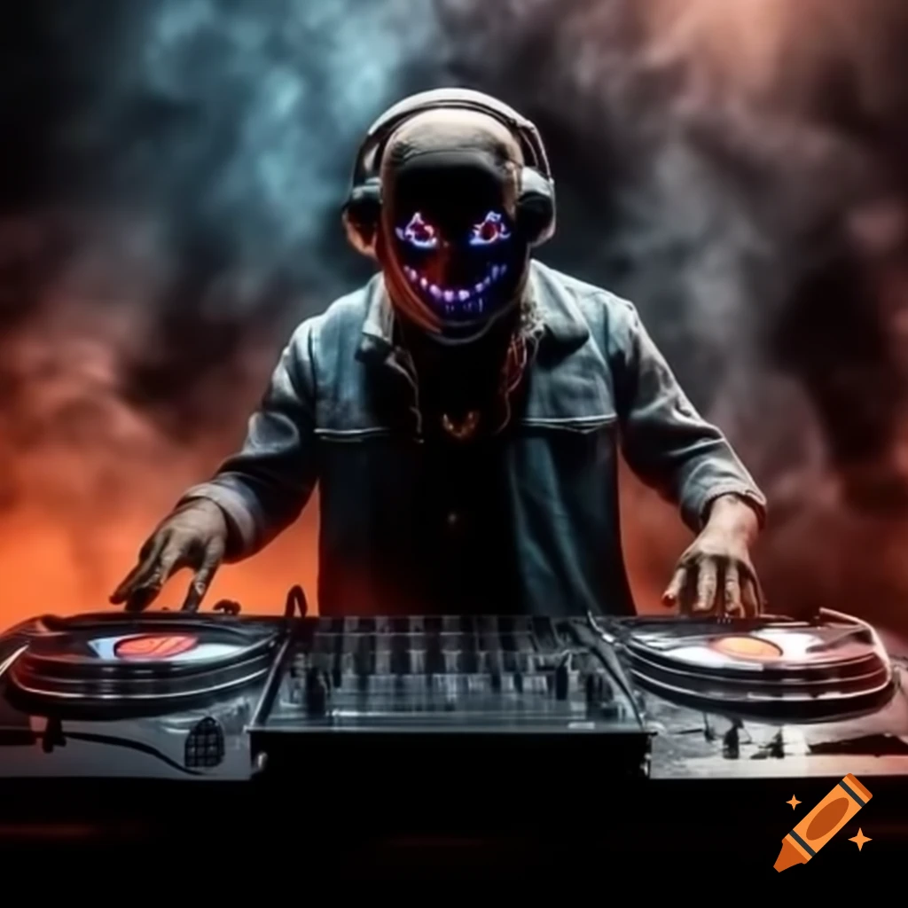 DJ wearing spooky mask mixing music at festival with smoke