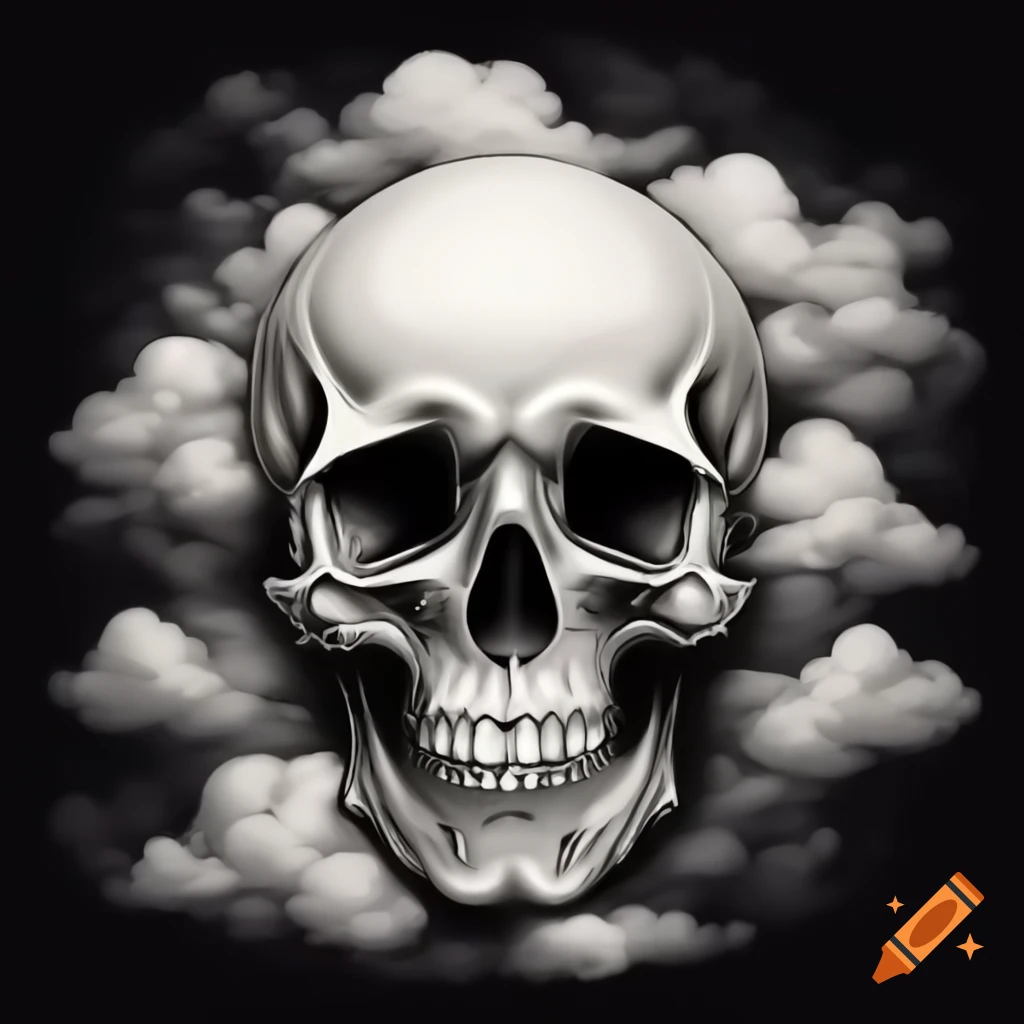 Pen drawing of a skull with clouds