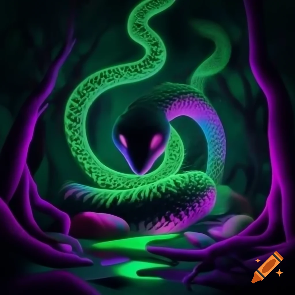 Hypnotic blacklight neon green serpent in vibrant psychedelic forest