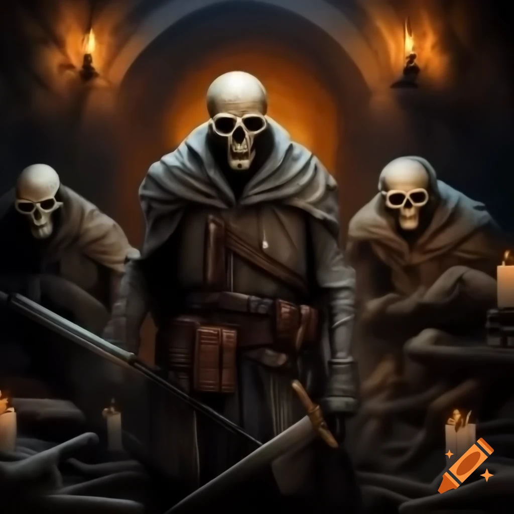 Three skeletons in medieval armor with weapons in a candle-lit dungeon