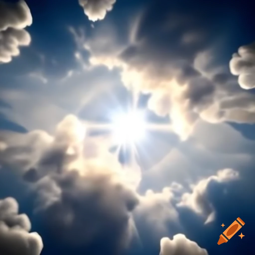 Bright sky with sunlight piercing through scattered clouds, warm atmosphere