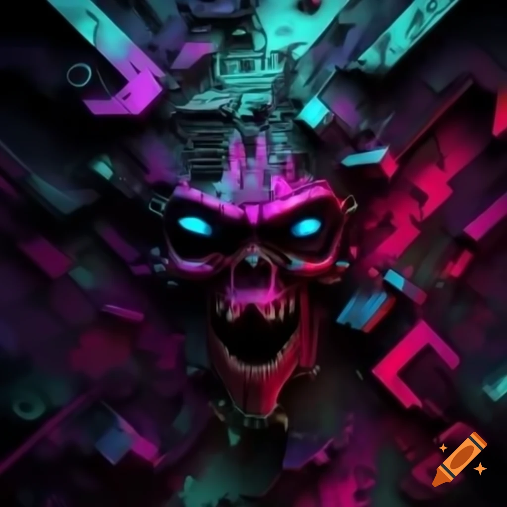 Abstract glitchy digital artwork with distorted neon colors and cyberpunk elements