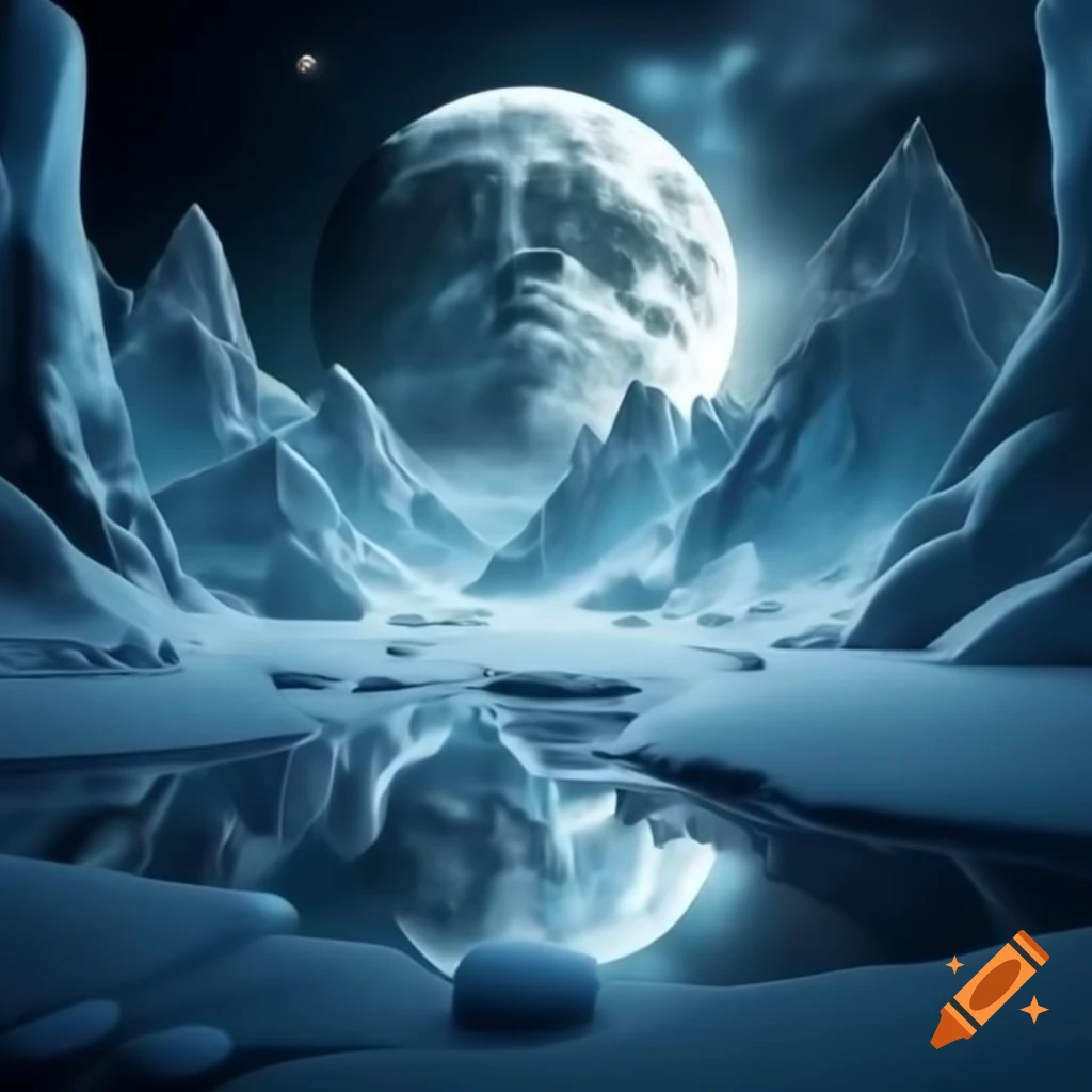 Frozen wasteland with tall snow drifts and giant full moon reflection