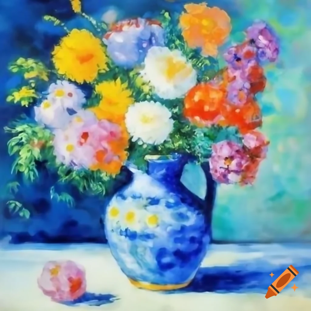 Impressionist oil painting of vibrant flowers in blue ceramic vase on wooden table