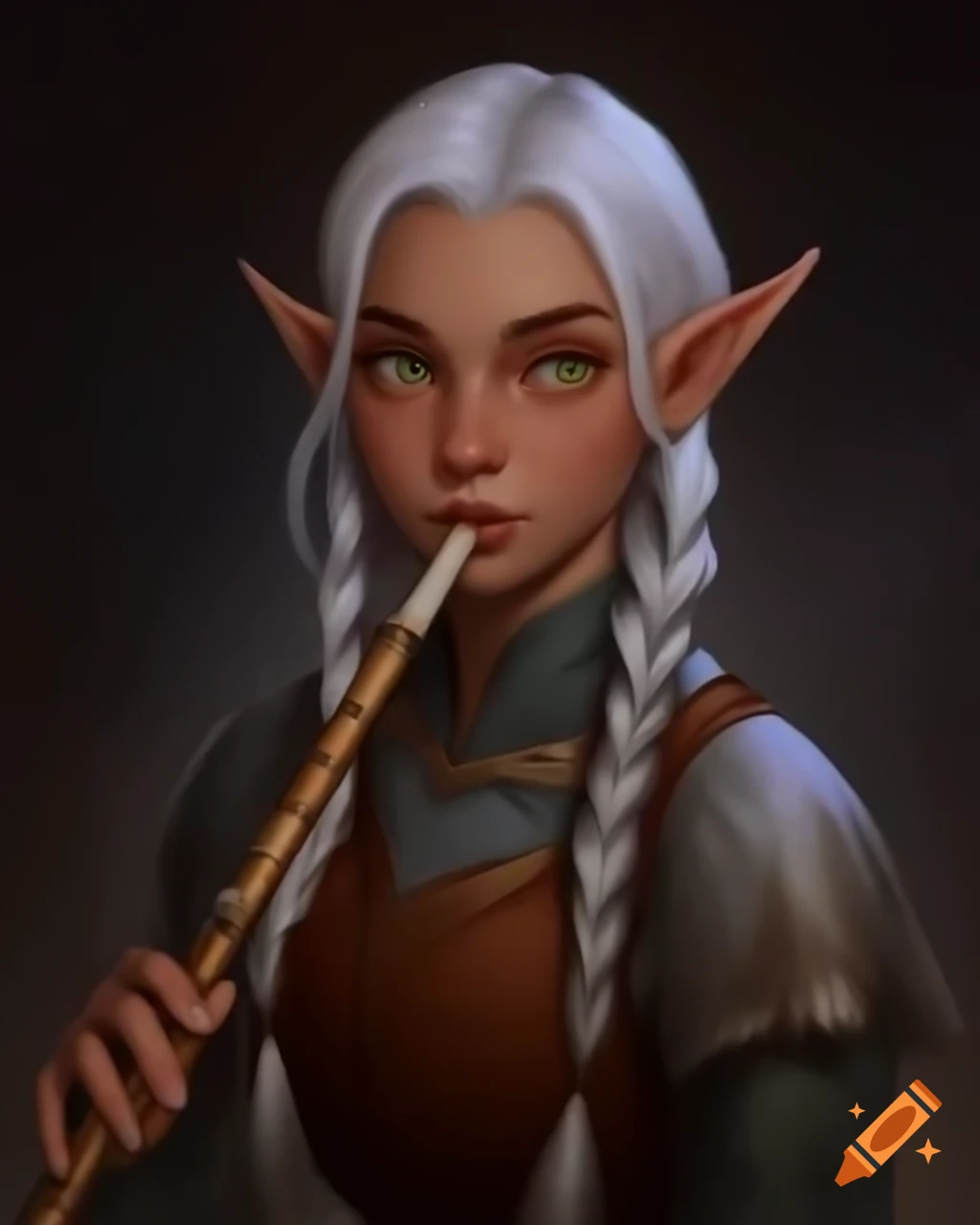 Young elf woman with white hair in braided hairstyle playing flute in medieval bard attire