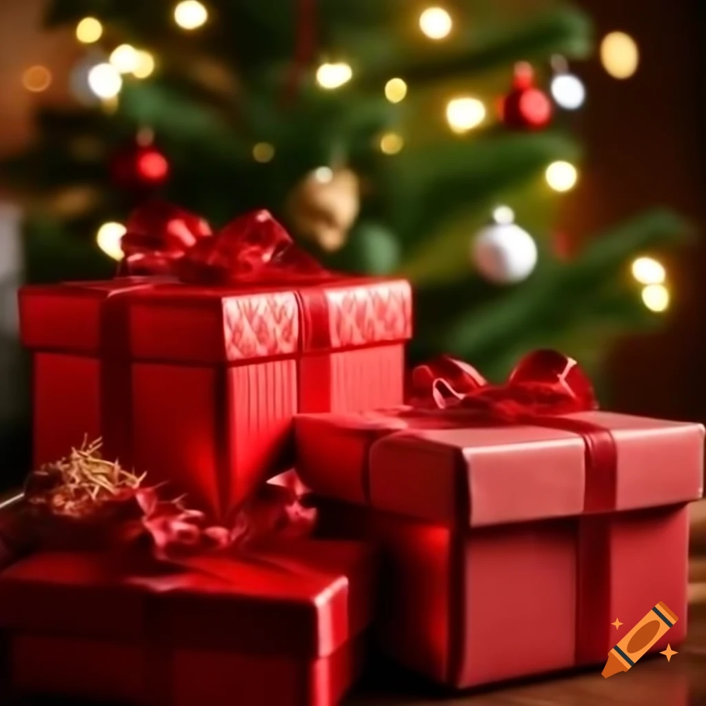 Closeup of Christmas gift boxes near a Christmas tree