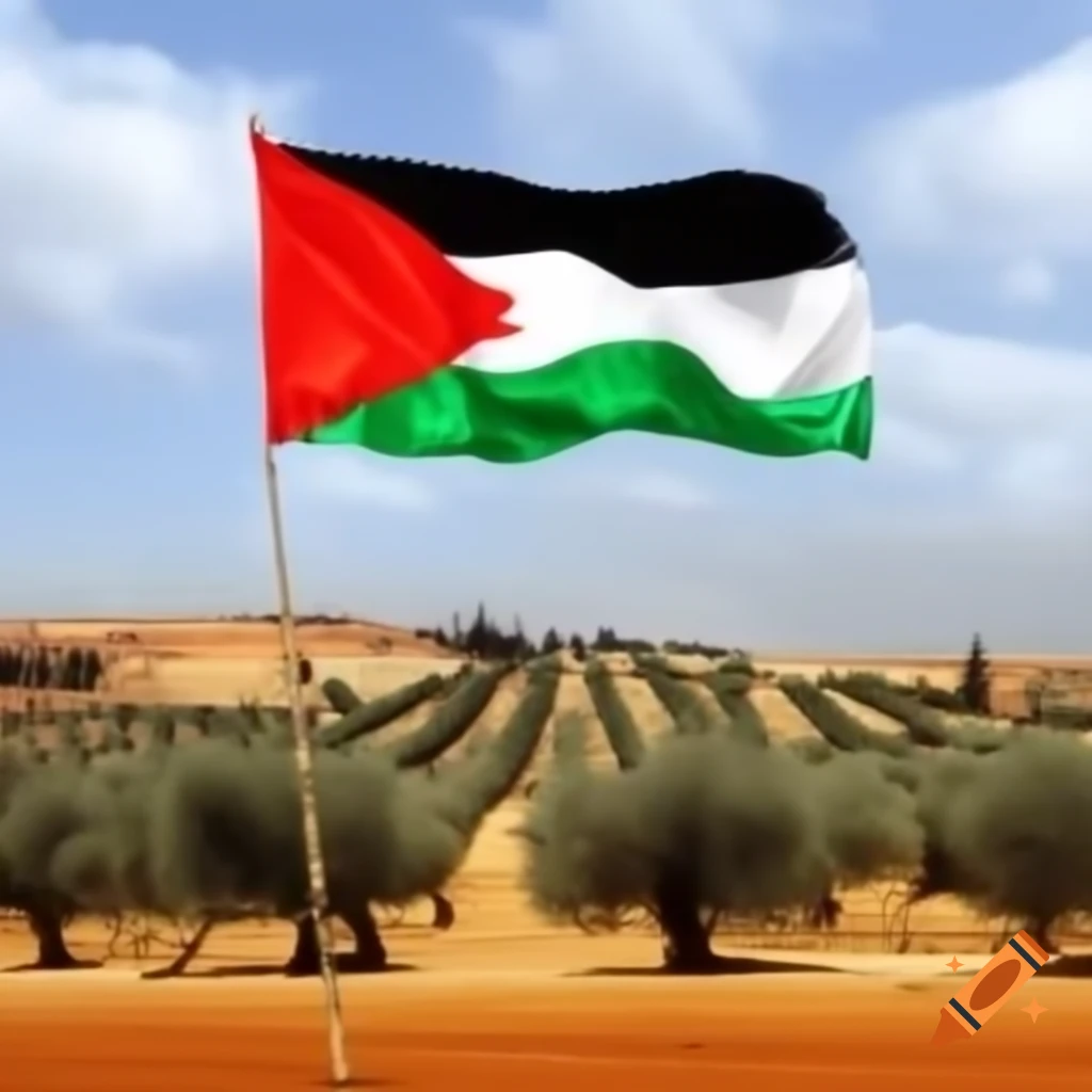 Palestine flag in front of olive trees on Palestinian land