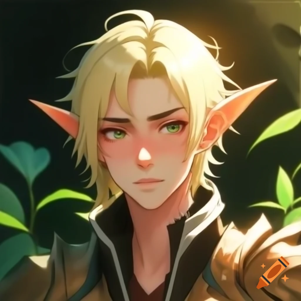 Anime male druid with blonde hair featuring plants in design
