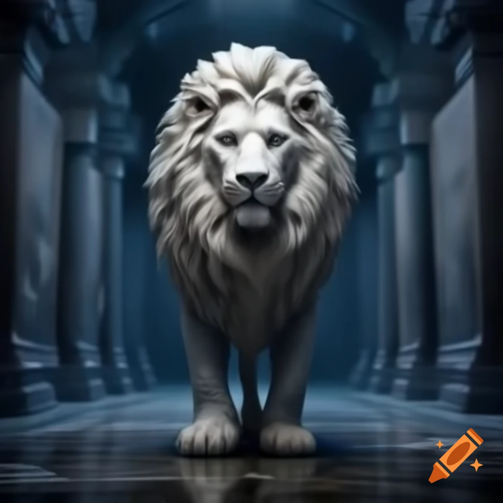 Majestic marble lion statue guarding a hallway