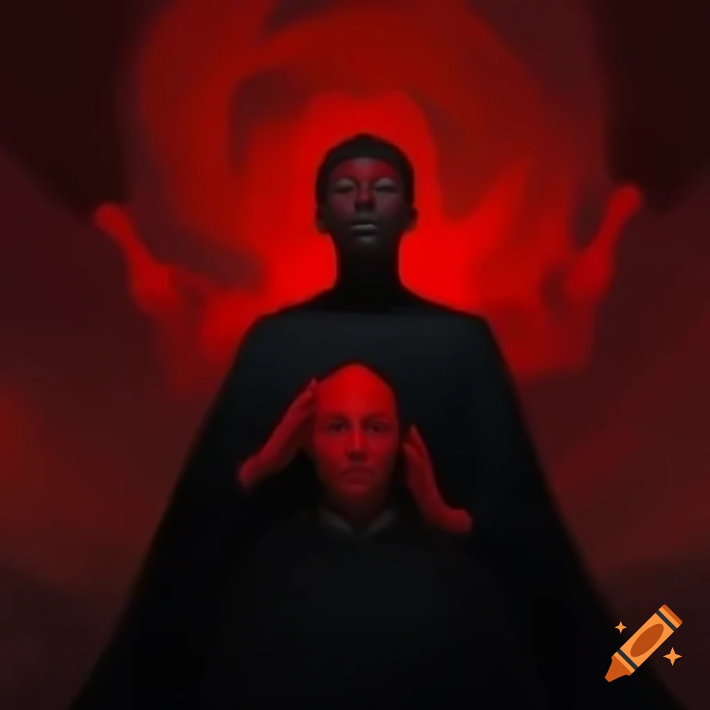 Dark suburban scene with red sky and mysterious black figure
