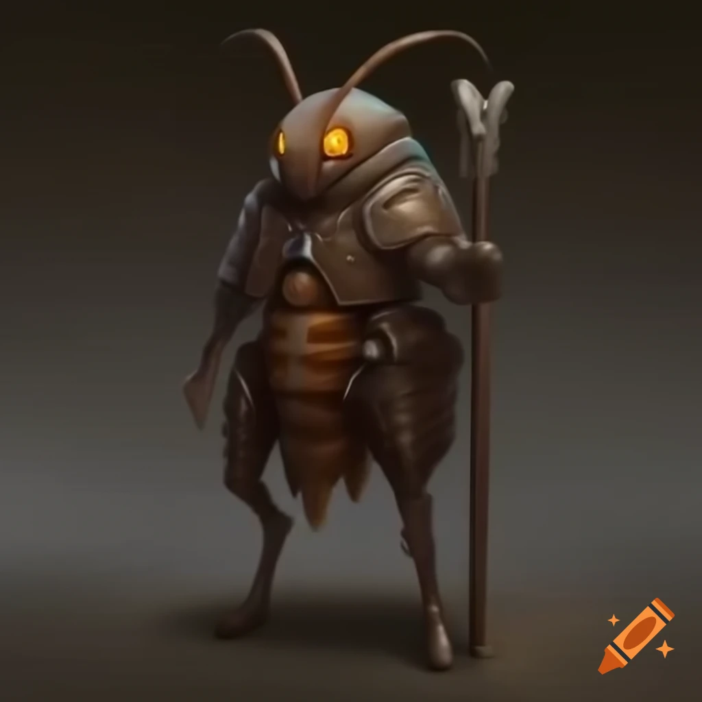 Fantasy bug roach standing on two legs with spear and leather armor