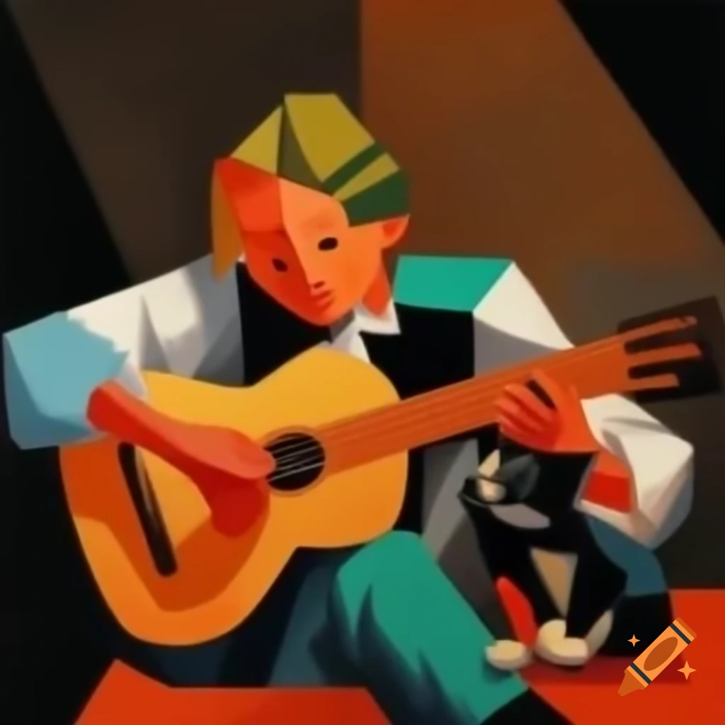 Cubist art featuring young man playing guitar to a cat