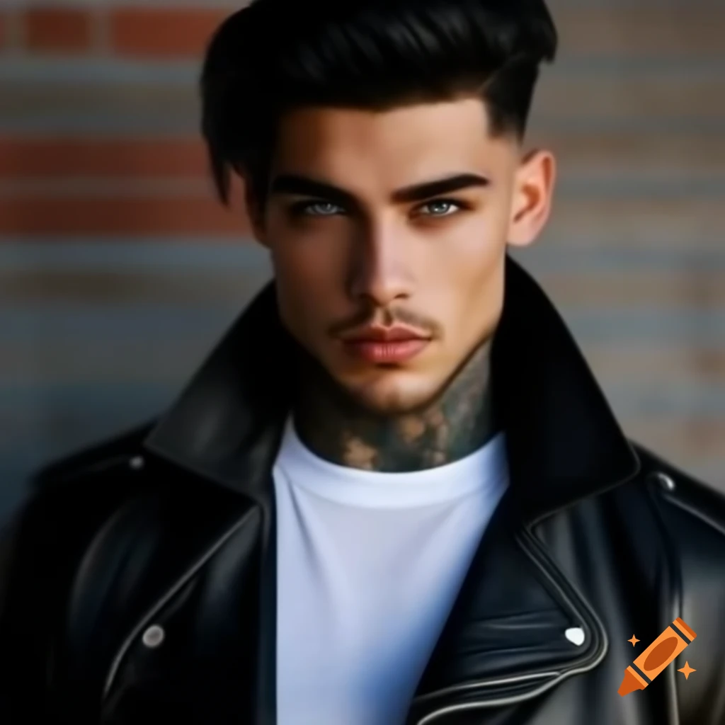 Muscular young man with tattoos in black leather jacket and white tee