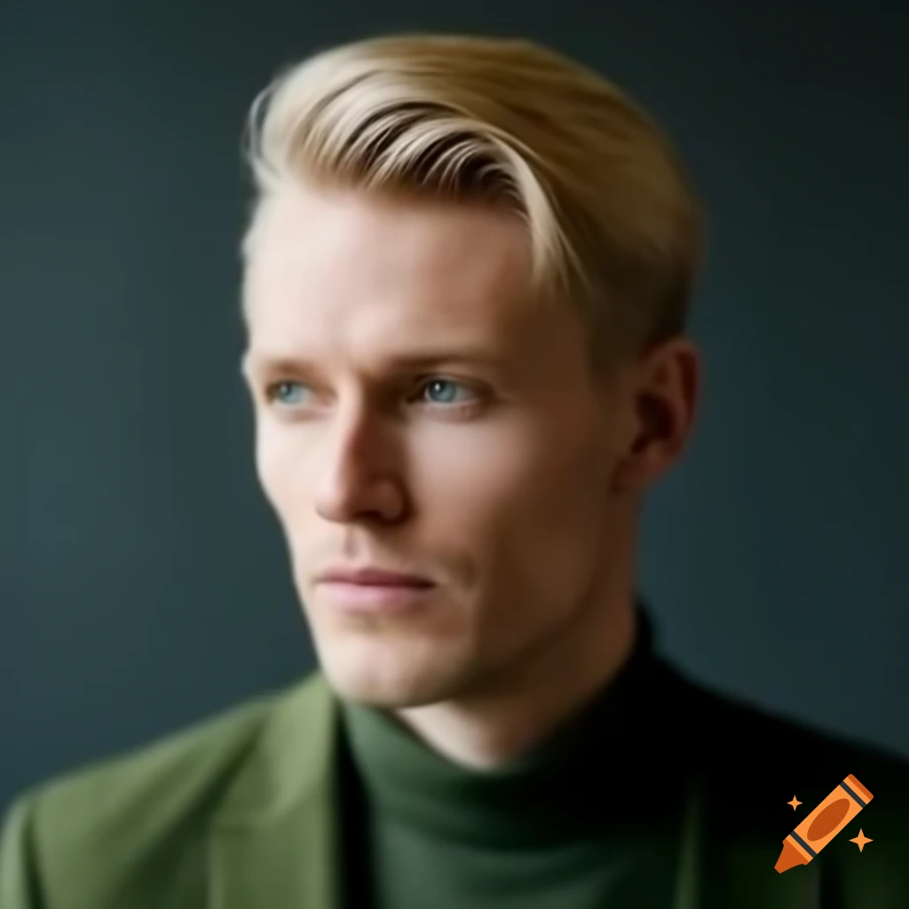 Blonde white male politician in green attire, portraying ambition