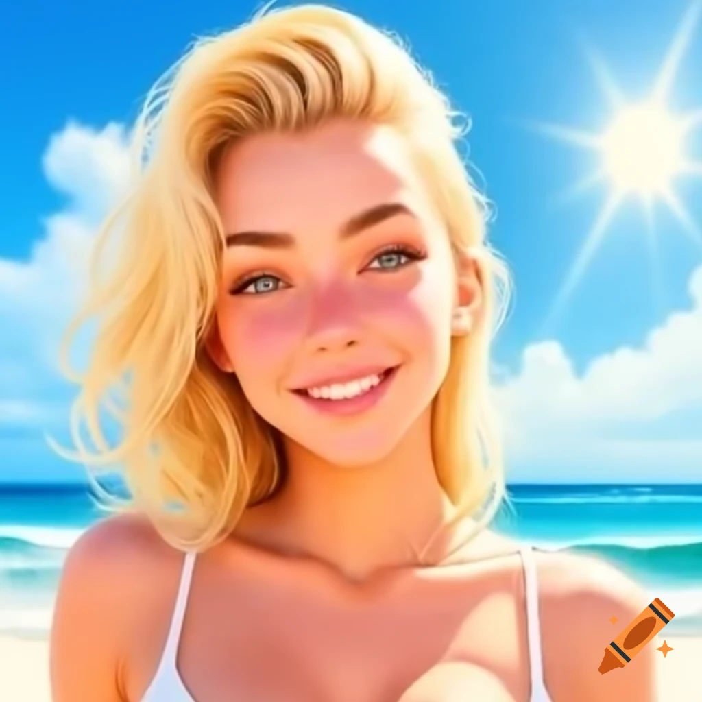 Blonde woman standing on sunny beach