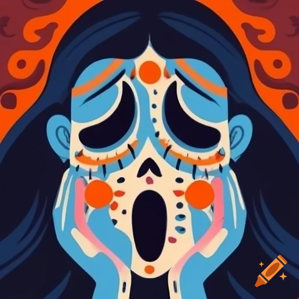 Cartoon face inspired by scream queen horror in pastel colors