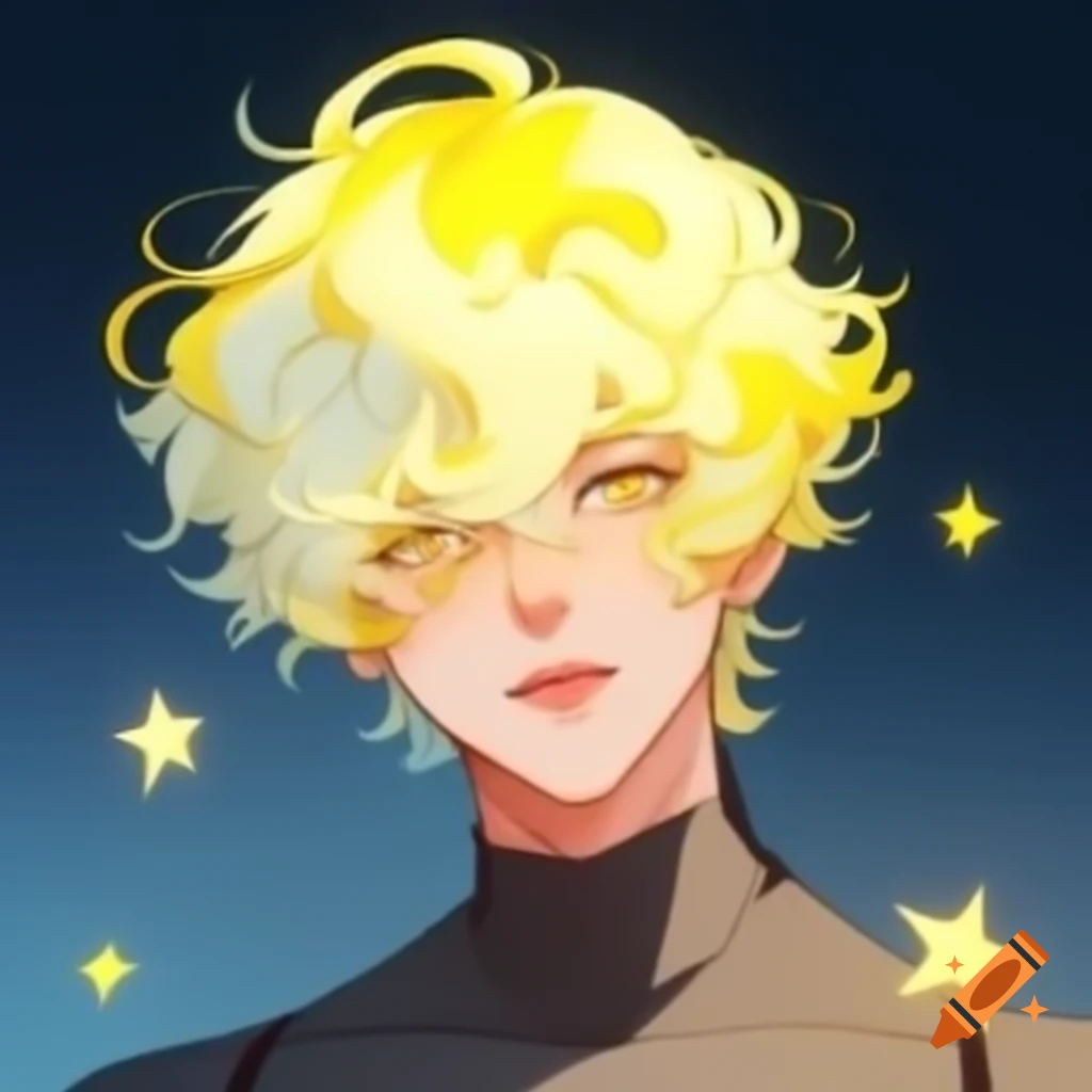 Handsome male with pastel yellow and white hair in hero suit with luminous glow and starry background