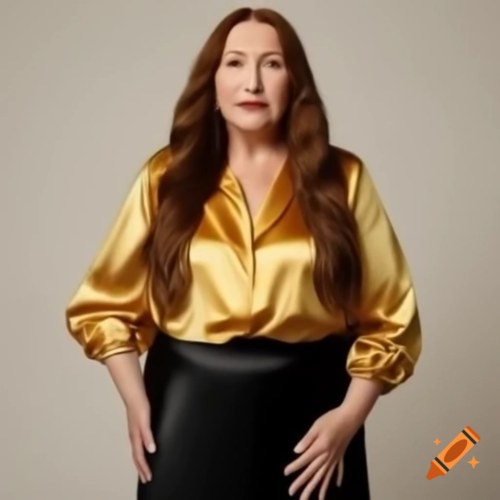 Young woman in gold satin blouse and black skirt with long brown hair