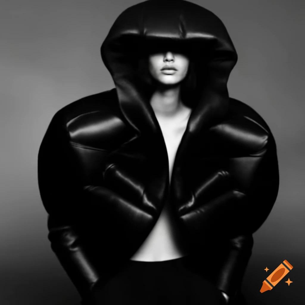 Balenciaga model showcasing dark-themed clothing