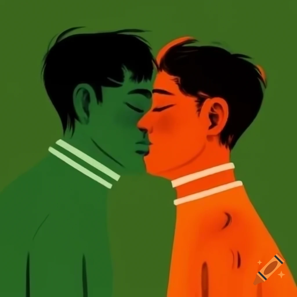 Green boy and orange boy standing side by side