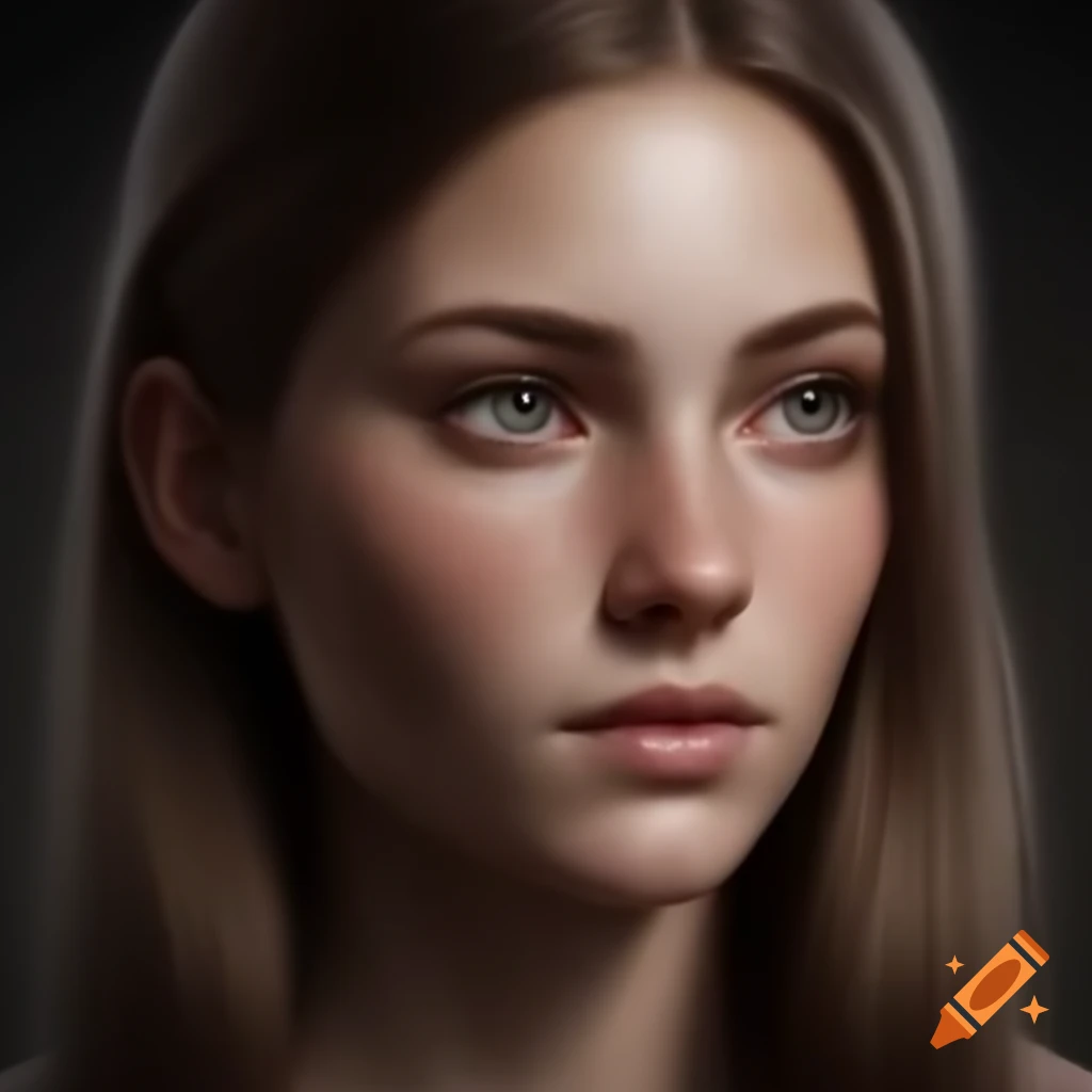 Realistic portrait of American woman with long light brown hair
