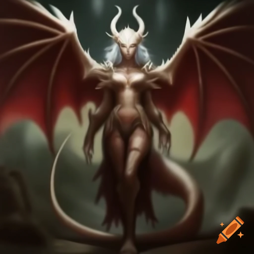 Fantasy female Lovecraftian dragon humanoid character with dark red and white wings