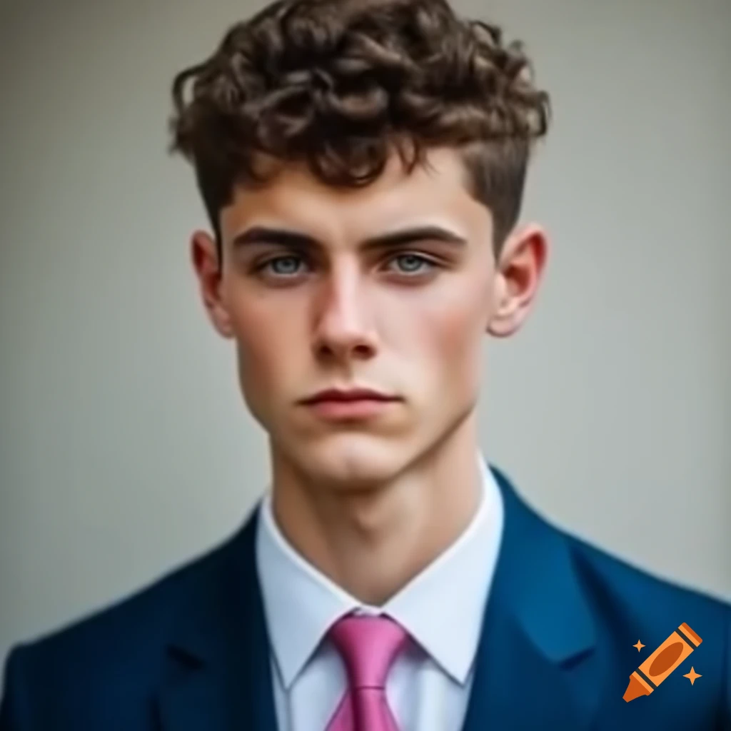 Young slim student in dark blue suit with pink tie and curly hair
