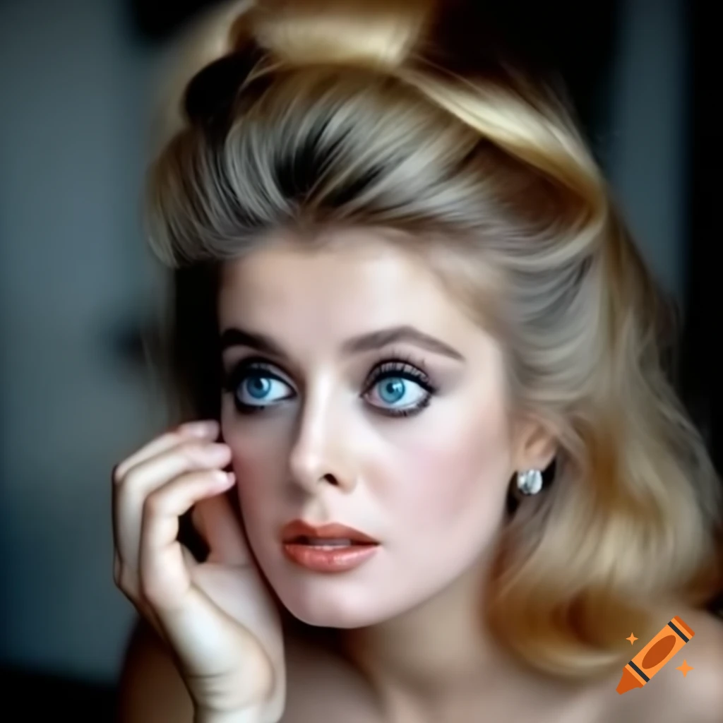 Hyper-realistic candid shot of a beautiful European actress from 1963 with porcelain skin and blue eyes