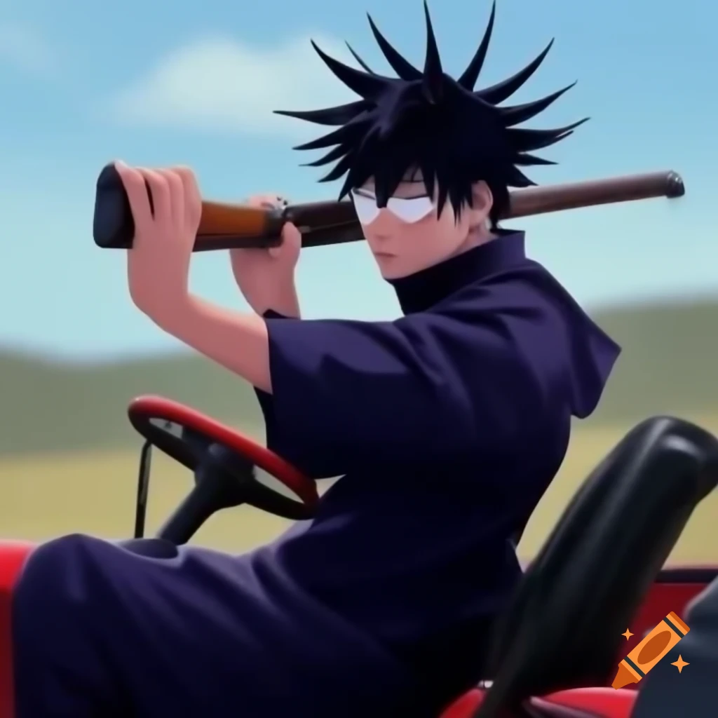 Megumi Fushiguro character with shotgun riding tractor