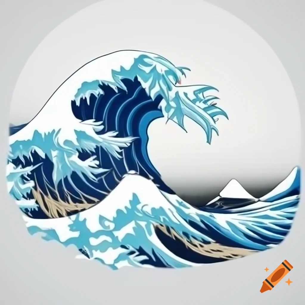 Simple Japanese style cartoon blue wave graphic on white background