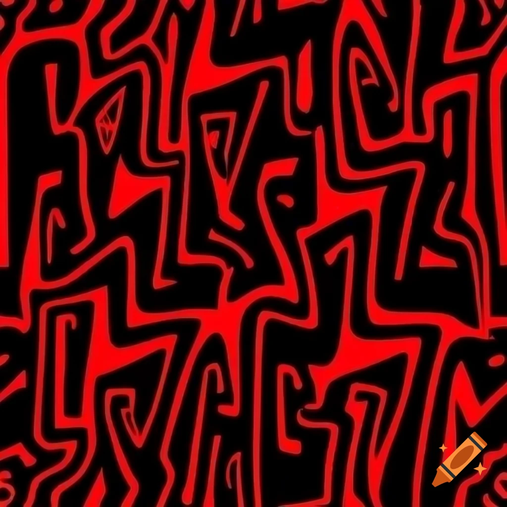 Bold black and red abstract pattern with sharp lines and shapes