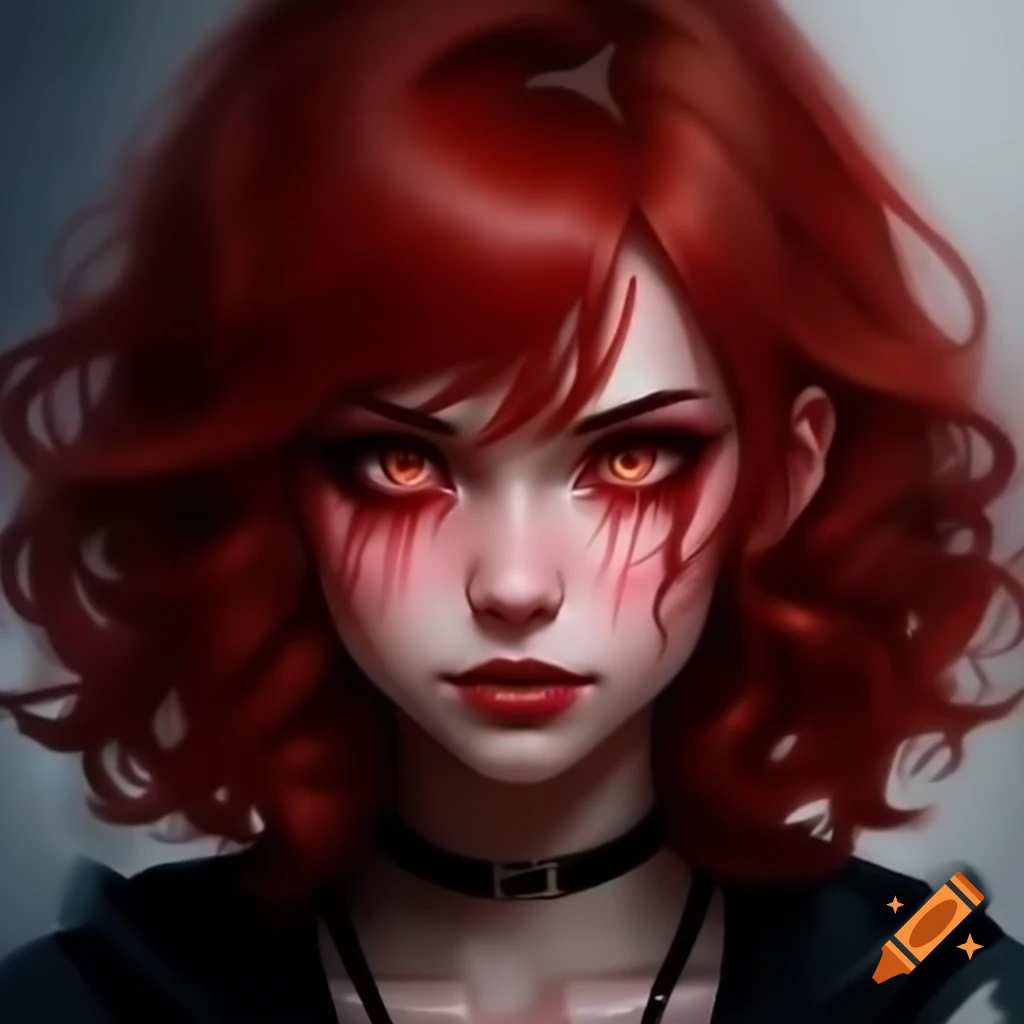 Anime character of a female student with red curly hair and black clothes