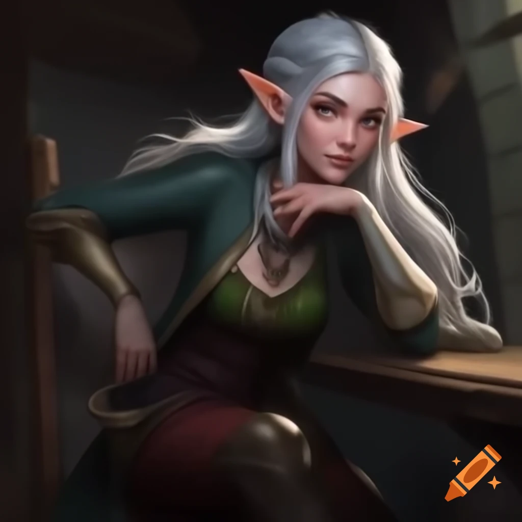 Female elven thief with silver hair smiling in tavern