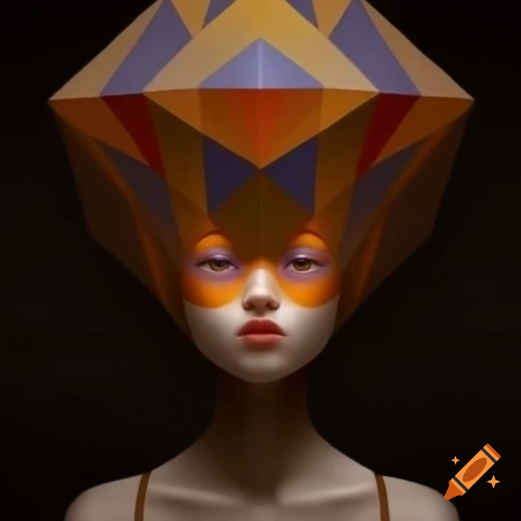 Surreal human figure with geometric head and smooth forms against simple colors